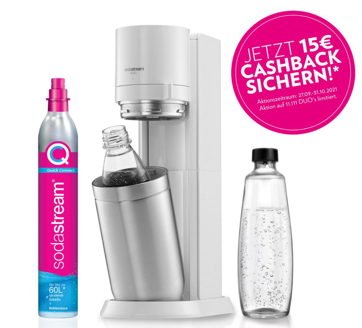 SodaStream Duo Titan Wassersprudler + Reservezylinder + 2 Flaschen für 84,99€ (statt 100€) + 15€ Cashback
