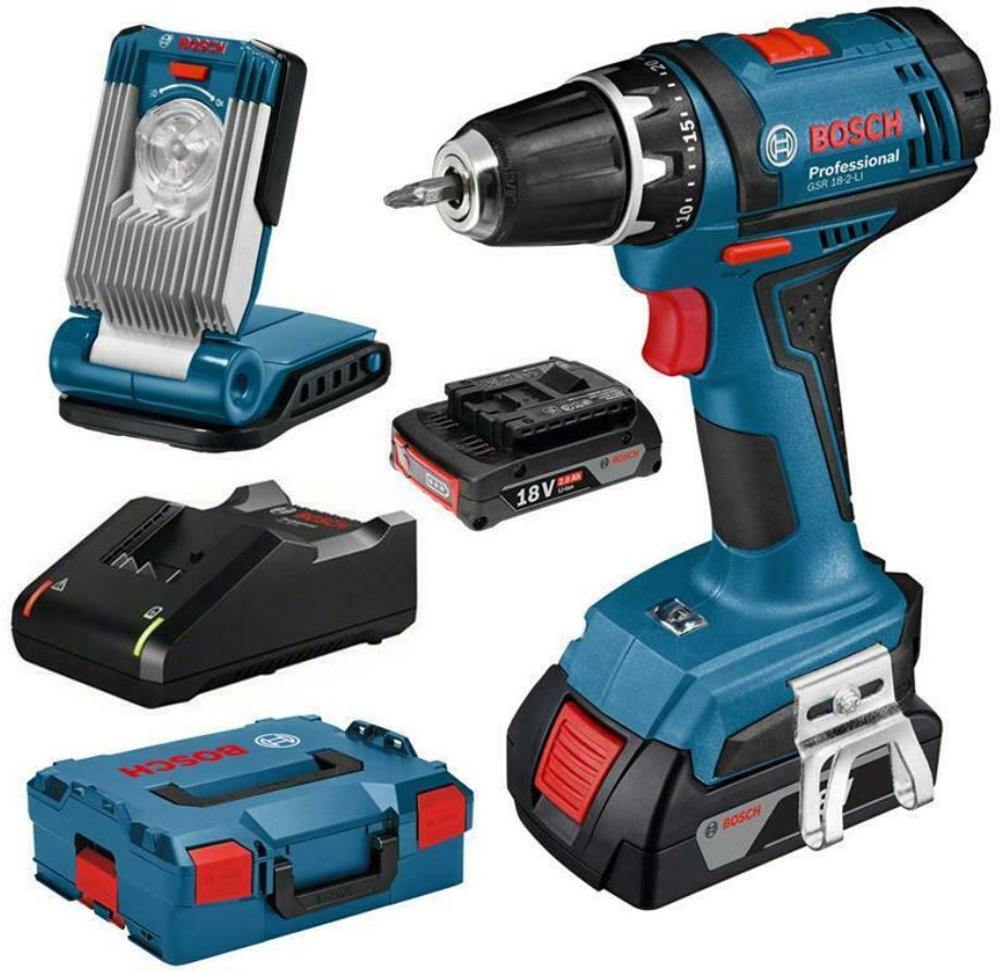 Bosch GSR 18 2 LI Akku Bohrschrauber + 2 x 2Ah + GLI VariLED für 118€ (statt 169€)