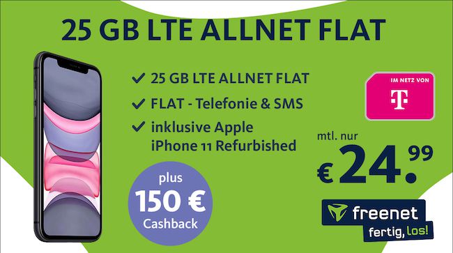 Apple iPhone 11 (refurb.) für 39,95€ + Telekom Allnet 25GB für 24,99€ mtl. + 300€ Bonus