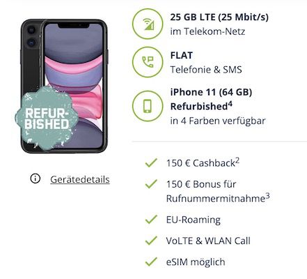 Apple iPhone 11 (refurb.) für 39,95€ + Telekom Allnet 25GB für 24,99€ mtl. + 300€ Bonus