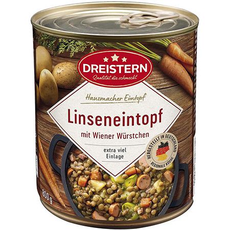 Dreistern Linseneintopf mit Wiener Würstchen, 800g ab 2,71€ (statt 4€)