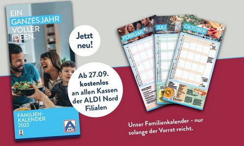 Gratis: Familienkalender 2022 bei Aldi Nord   ab jetzt in den Märkten verfügbar