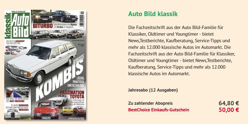 12 Ausgaben Auto Bild klassik für 64,80€ + Prämie: 50€ Bestchoice