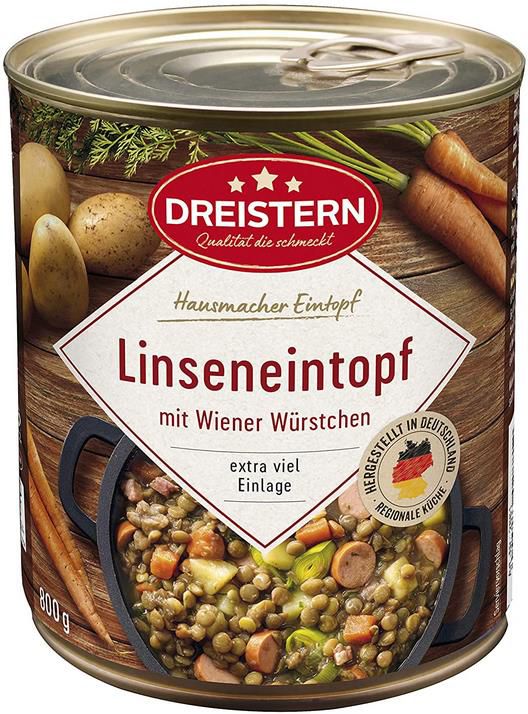 Dreistern Linseneintopf mit Wiener Würstchen, 800g ab 2,71€ (statt 4€)