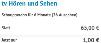 26 Ausgaben TV Hören und Sehen für 1€ (statt 65€)