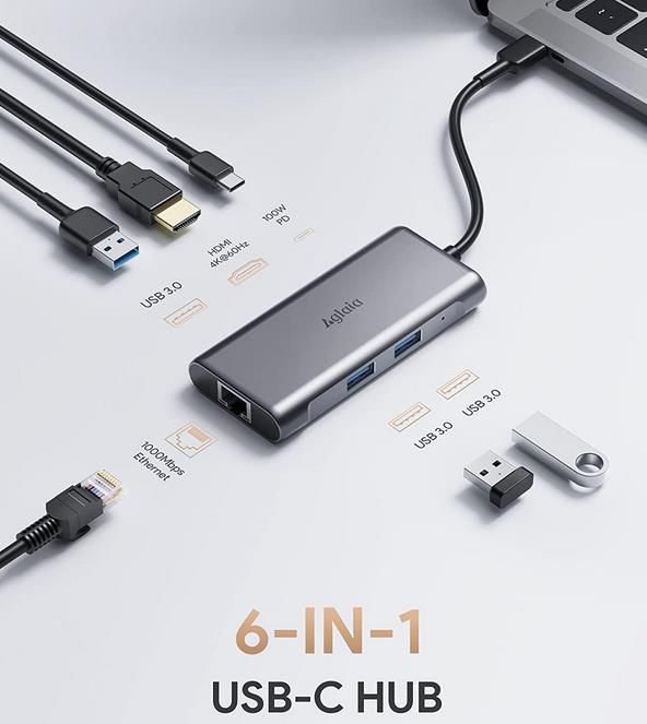 Aglaia 6 in 1 USB C Adapter mit HDMI 4K, Gigabit Ethernet für 20,62€ (statt 24€)   Prime