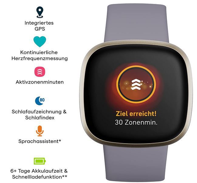 FITBIT Versa 3 Smartwatch mit Aluminium Gehäuse in Distel Grau für 156€ (statt 220€)