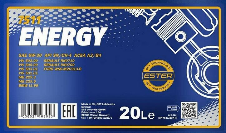 MANNOL 5W 30 Energy 20l (!) Motoröl für 58,99€ (statt 66€)