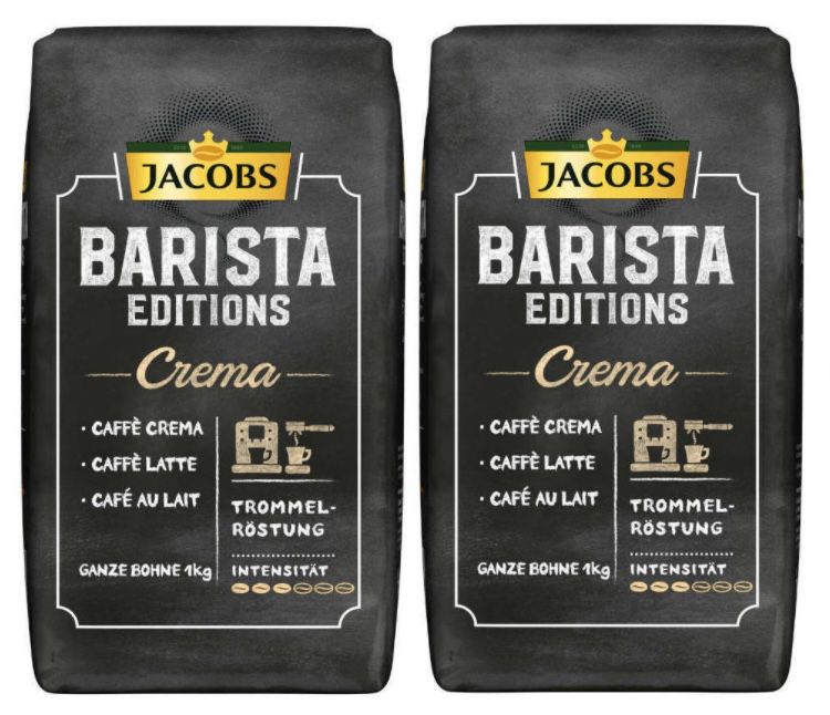 2kg Jacobs Kaffeebohnen Barista Editions Crema Bohnen + Jacobs Barista Becher für 19,98€