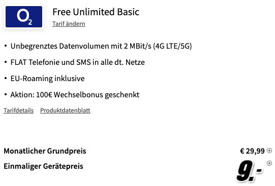 Samsung Galaxy S21+ 5G mit 128GB für 9€ + o2 Allnet Flat mit unlimited LTE/5G (2 Mbit/s) für 29,99€ + 100€ Wechselbonus