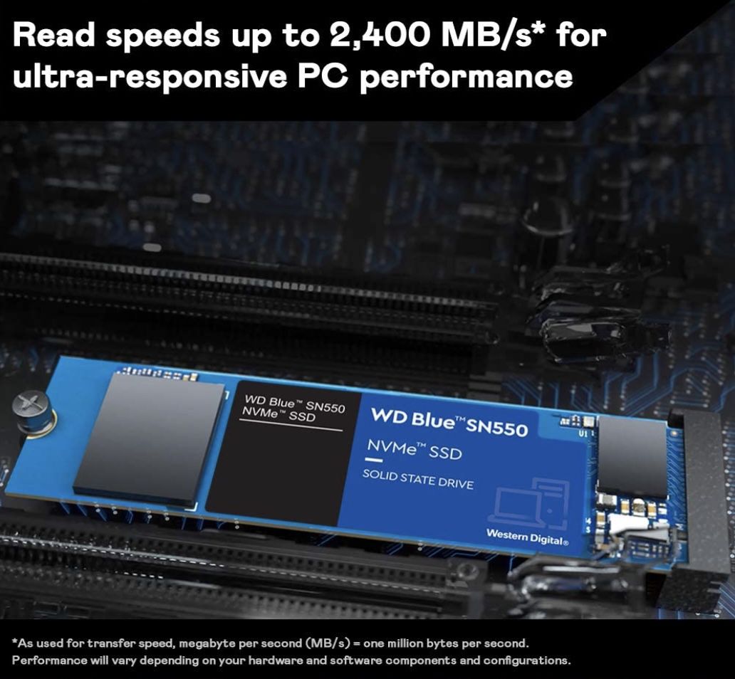 WD Blue WDS200T2B0C Festplatte SN550 mit 2 TB NVMe SSD, Gen3 x4 PCIe, M.2 2280, 3D NAND für 159,99€ (statt 173€)