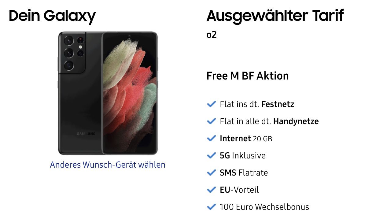 Samsung Galaxy S21 Ultra 5G 256GB für 349€ + o2 Allnet Flat mit 20GB LTE/5G für 23,99€ mtl. + 100€ Wechselbonus