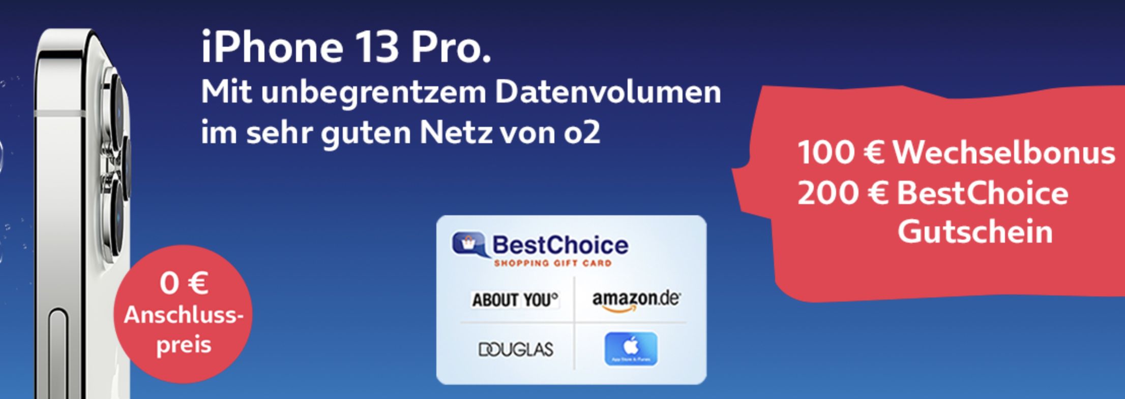 Apple iPhone 13 Pro mit 128GB für 1€ + o2 Allnet Flat mit unlimited LTE/5G für 79,99€ mtl. + 300€ Bonus