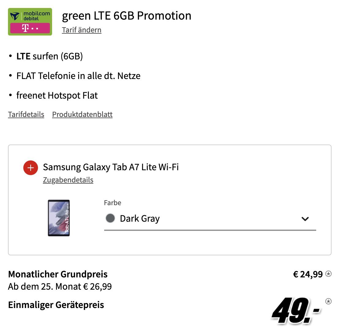 Samsung Galaxy S21 5G mit 128GB + Samsung Galaxy Tab A7 Lite für 49€ + Telekom Allnet Flat mit 6GB LTE für 24,99€ mtl.