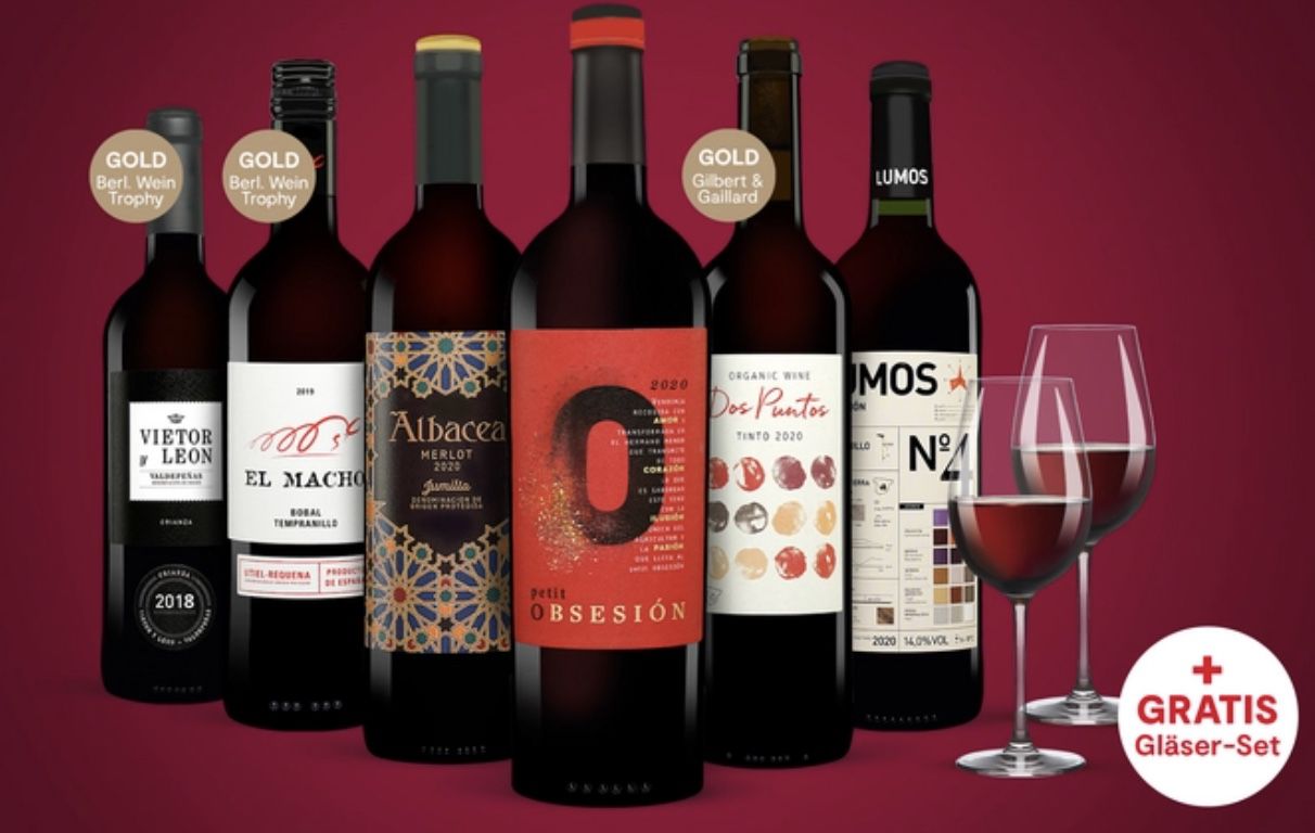 Vinos Rotwein Paket mit 6 Flaschen für 24,99€ (statt 35€) + 2 Weingläser gratis