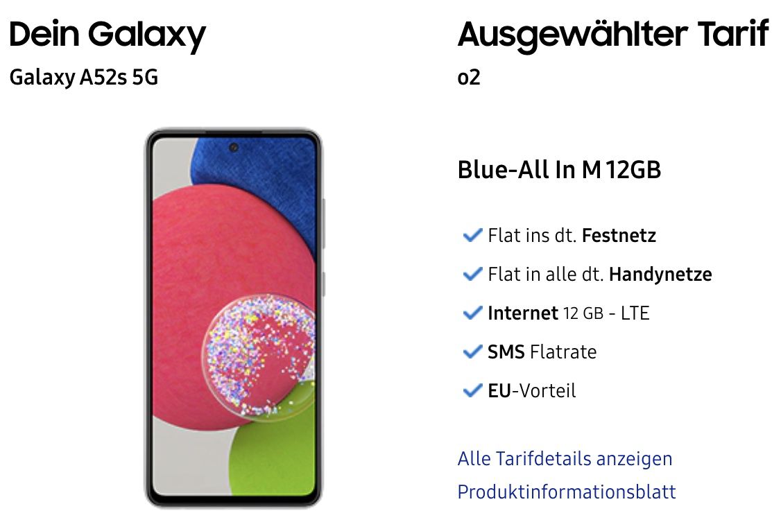 2x Samsung Galaxy A52s 5G mit 128GB für 60€ + o2 Allnet Flat mit 12GB LTE für 19,99€