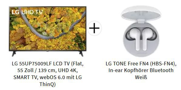 LG 55UP75009LF   55 Zoll UHD TV +  LG TONE Free FN4 in Ears für 452,17€ (statt 507€)