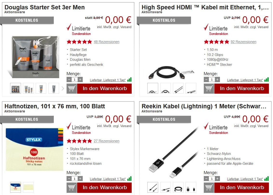 10 Gratis Artikel bei Druckerzubehör + 5,97€ VSK (MBW 39,99€)   z.B. High Speed HDMI Kabel mit Ethernet, 1,5m
