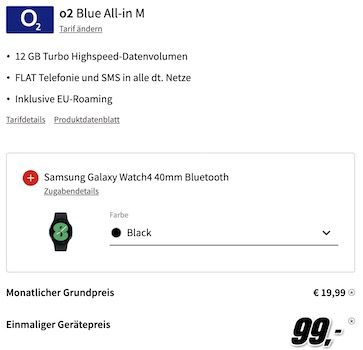 Samsung Galaxy Z Flip3 5G + Watch4 für 99€ + o2 Allnet Flat mit 12GB für 19,99€ mtl.