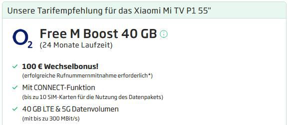 Xiaomi Mi TV P1 55 + 2x Xiaomi Smart Speaker für 3€ + o2 Allnet Flat mit 40GB LTE für 37,49€ mtl.