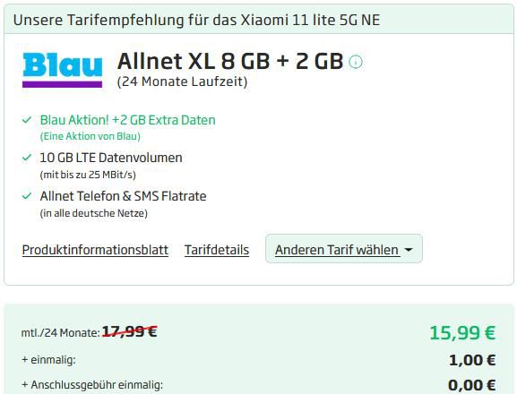 Xiaomi Mi 11 Lite 5G für 1€ + o2 Allnet Flat von Blau mit 10GB LTE für 15,99€ mtl.
