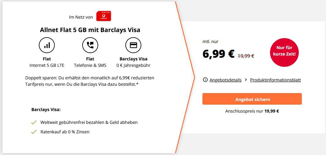 Crash Vodafone Allnet Flat mit 5GB LTE + kostenlose Barclay VISA Karte für 6,99€ mtl.