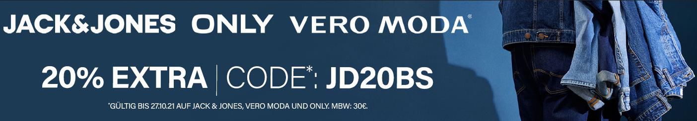 Jeans Direct: 20% Extra Rabatt auf Jack&Jones, Vero Moda & Only z.B. J&J Jeans + T Shirt für 35,18€ (statt 53,99€)   30€ mbw