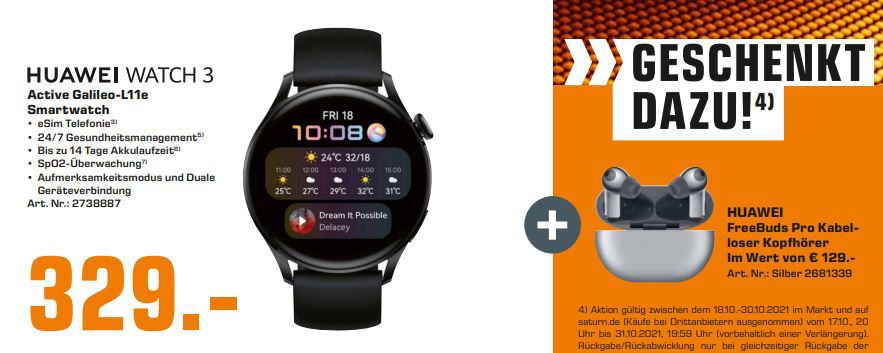 Letzte Chance: SATURN Gutscheinheft! Viele gute Angebote z.B. HUAWEI Watch 3 + FreeBuds Pro für 319€ (statt 408€)