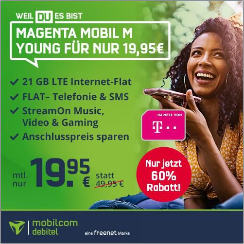 Letzte Chance! 🔥 Telekom Tarif mit 21GB LTE (300Mbit/s) + Allnet Flat + StreamOn für 19,95€ mtl.   bis 27 Jahre