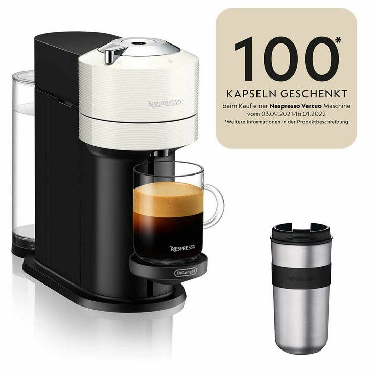 DeLonghi Next ENV 120.W Nespresso Vertuo Kaffeekapselmaschine + Travel Mug für 59,94€ (statt 94€) + gratis 100 Kapseln