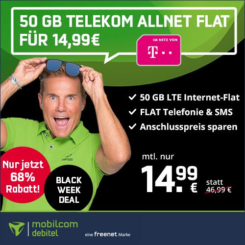 🔥🔥 Black Friday KNALLER: Telekom Allnet Flat von mobilcom mit 50GB LTE (!) für 14,99€ mtl.