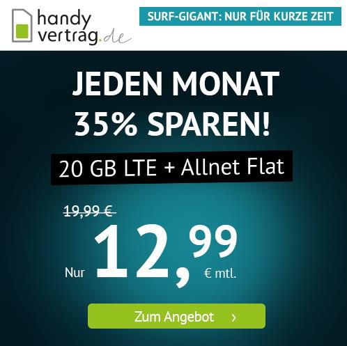 o2 Allnet Flat + SMS Flat + 20GB LTE für 12,99€ mtl. bei Handyvertrag.de