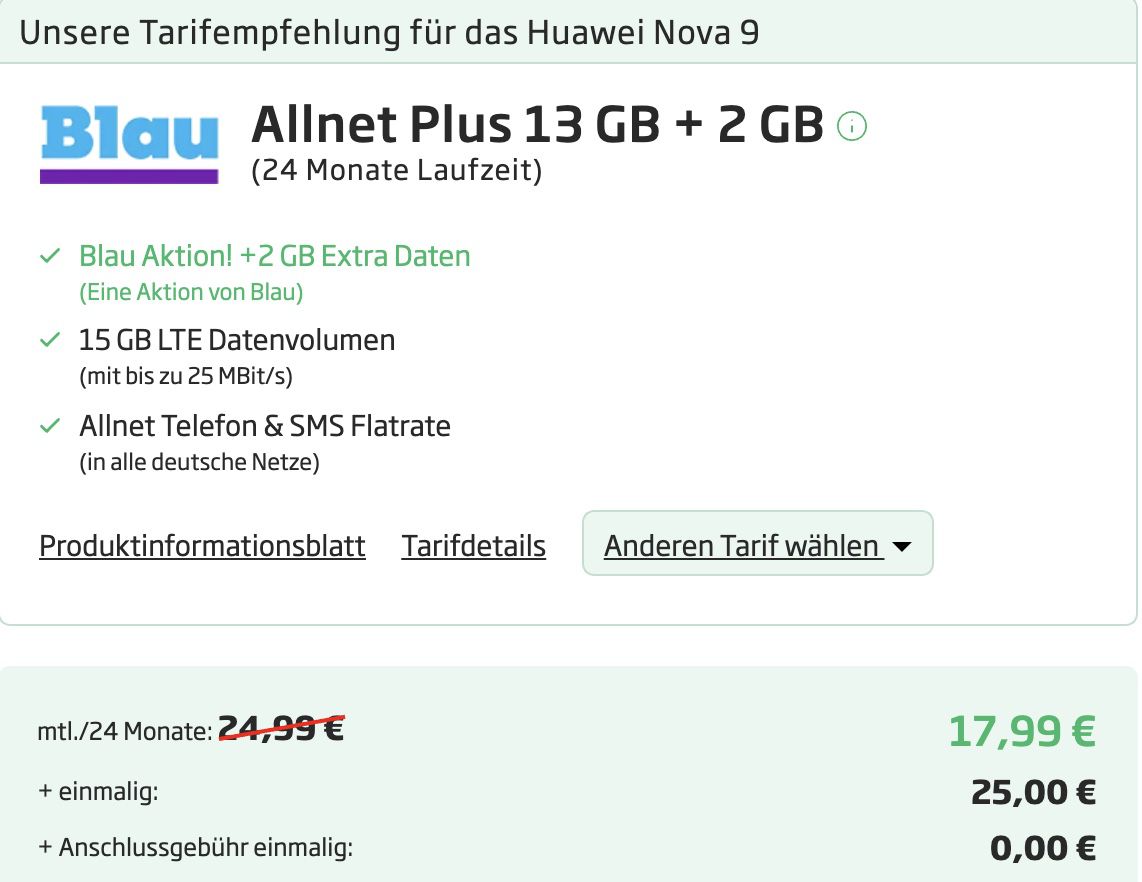 Huawei Nova 9 für 25€ + o2 Allnet Flat von Blau mit 15GB LTE für 17,99€ mtl.