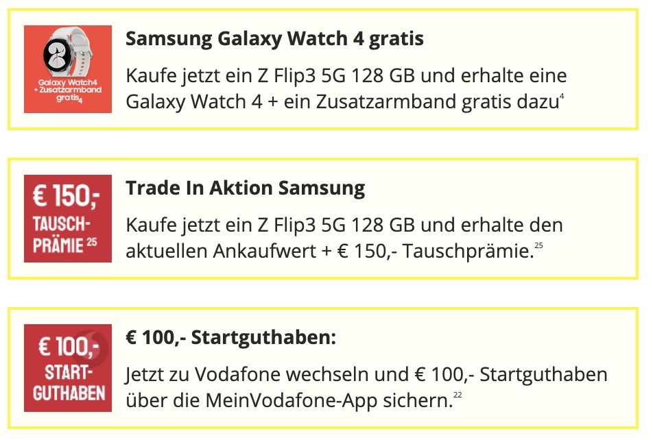 Samsung Galaxy Z Flip3 mit 128GB + Galaxy Watch 4 für 99€ + Vodafone Allnet Flat inkl. 25GB LTE/5G für 34,99€ mtl. + 100€ Startguthaben