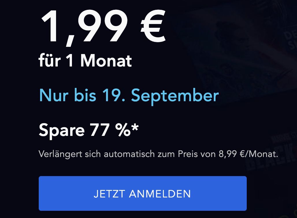 1 Monat Disney+ für 1,99€ (statt 8,99€)