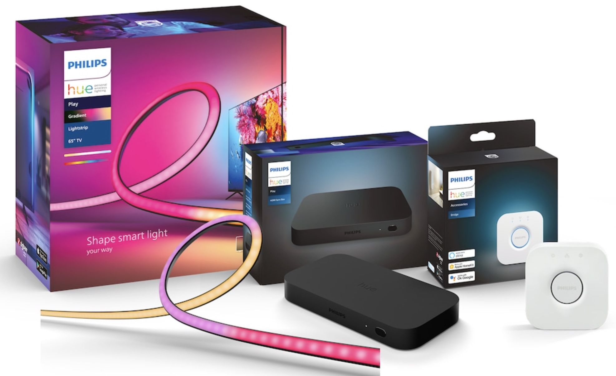 Philips Hue Play HDMI Sync Box + Bridge + Gradient Lightstrip 65 Zoll für 374,99€ (statt 437€)