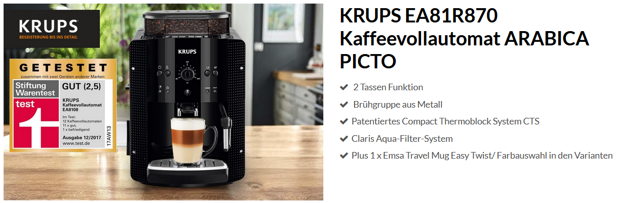 KRUPS EA81R870 ARABICA PICTO Kaffeevollautomat + EMSA Travel Mug Easy Twist für 211,75€ (statt 246€)