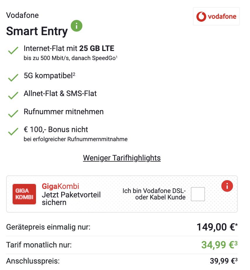 Apple iPhone 13 mini mit 128GB für 149€ + Vodafone Allnet Flat mit 25GB LTE/5G für 34,99€ mtl. + 100€ Bonus