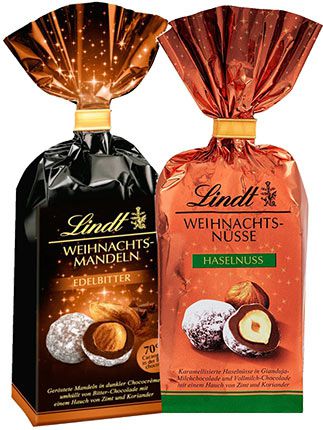 3x Lindt & Sprüngli Weihnachtsnüsse oder  mandeln zu je 100g ab 7,40€ (statt 10€)   Prime Sparabo