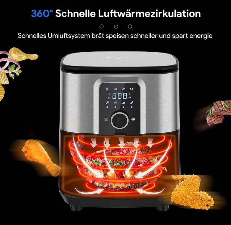 Bagotte 5.8QT Heißluftfritteuse mit Knopfsteuerung und Touchscreen für 79,99€ (statt 120€)