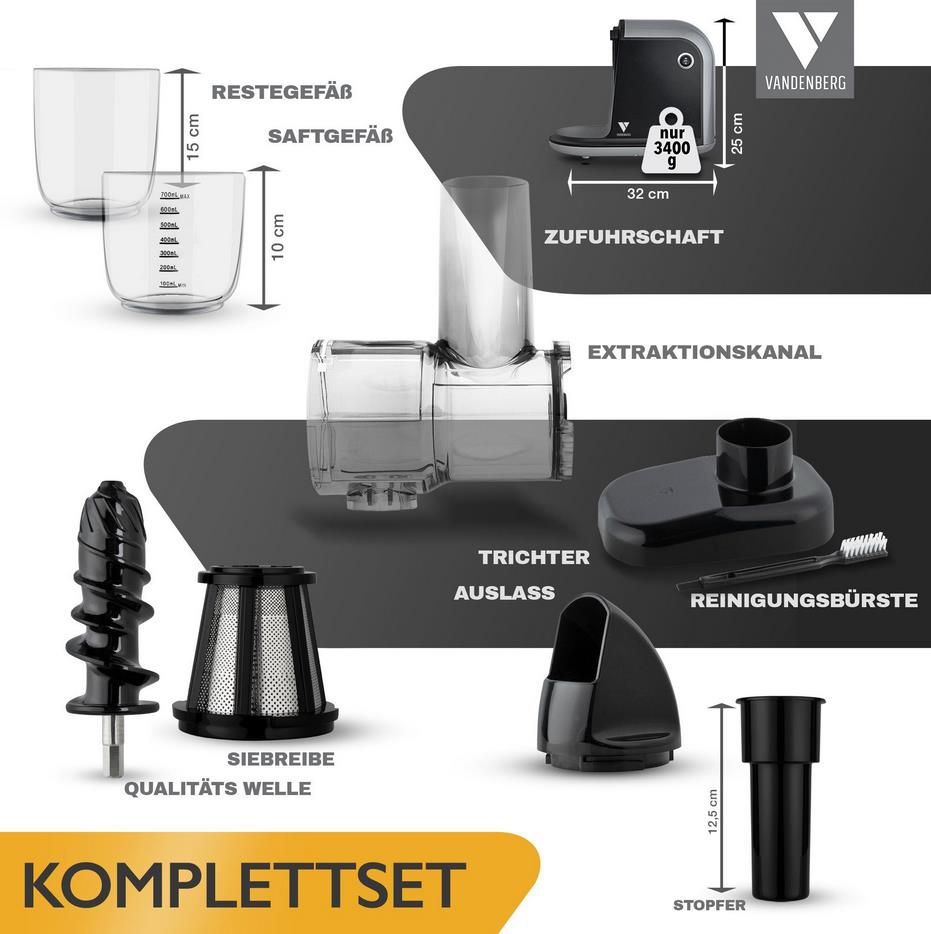 Vandenberg Slow Juicer   Leiser Entsafter für alle Gemüse und Obst Sorten für 69,99€ (statt 93€)