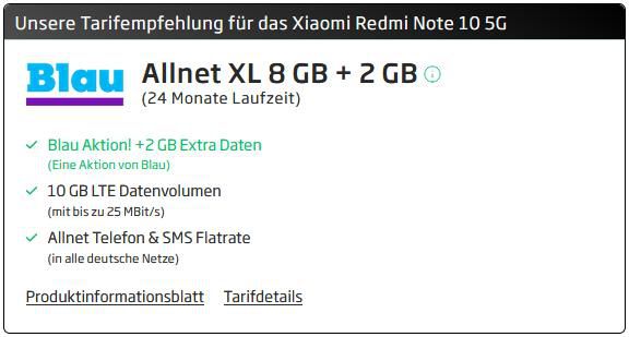 Xiaomi Redmi Note 10 5G 128GB + Xiaomi Redmi Buds 3 für 13€ + o2 Flat von Blau mit 10GB LTE für 12,99€ mtl.