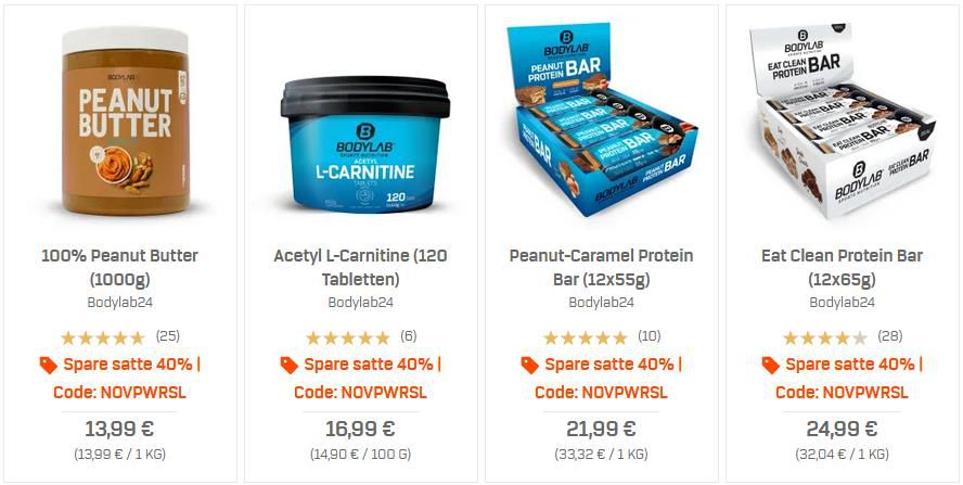 November Powersale bei Bodylab24 mit 40/50% Rabatt   z.B. 12x65g ProteinBar für 19,89€ (statt 30€)