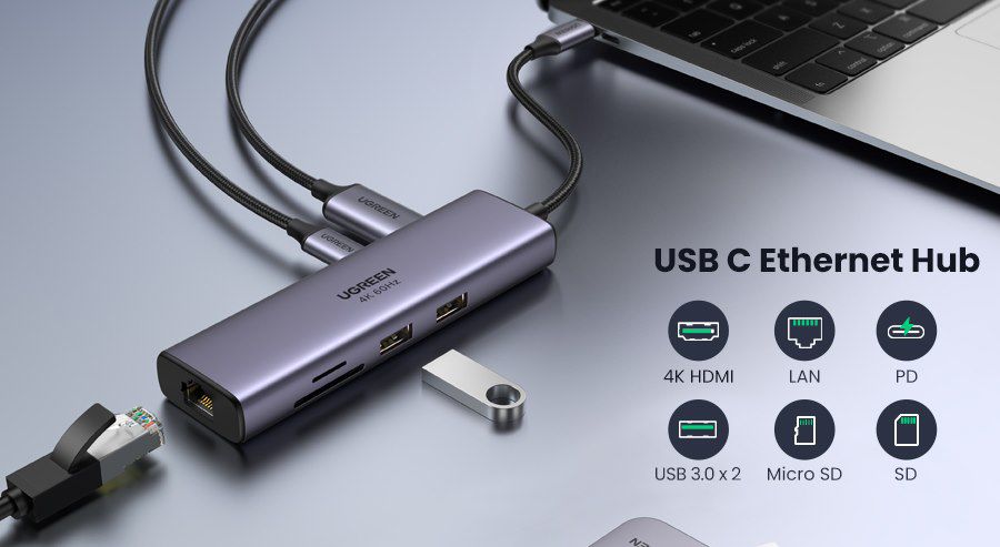 UGREEN USB C Hub mit 4K 60Hz HDMI, RJ45, 100W PD, SD/microSD, 2x USB 3.0 für 39,99€ (statt 50€)