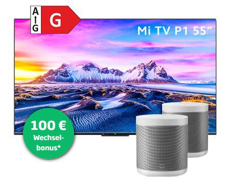 Xiaomi Mi TV P1 55 + 2x Xiaomi Smart Speaker für 3€ + o2 Allnet Flat mit 40GB LTE für 37,49€ mtl.