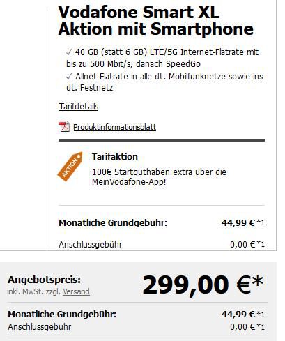 Samsung Galaxy S21 Ultra 5G mit 128 GB für 299€ + JBL Tune inEar Kopfhörer + Vodafone Allnet Flat mit 40GB LTE für 44,99€ mtl.