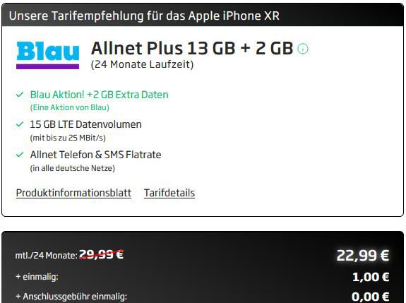 iPhone XR mit 64GB für 1€ + o2 Allnet Flat mit 15GB LTE für 22,99€ mtl.
