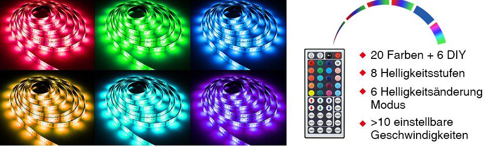 2x 5m GLIME RGB LED Streifen mit 20 Farben & 44 Tasten IR Fernbedienung für 13,79€ (statt 23€)   Prime