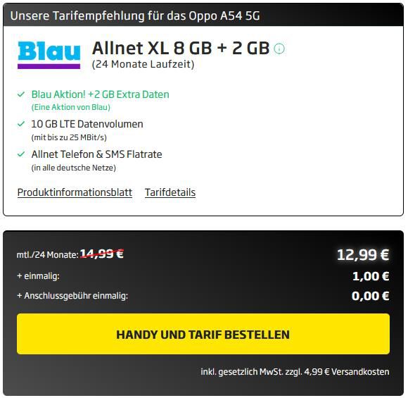 Oppo A54 5G 64GB für 1€ + Blau o2 Allnet Flat mit 10GB LTE für 12,99€ mtl.