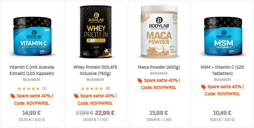 November Powersale bei Bodylab24 mit 40/50% Rabatt   z.B. 12x65g ProteinBar für 19,89€ (statt 30€)